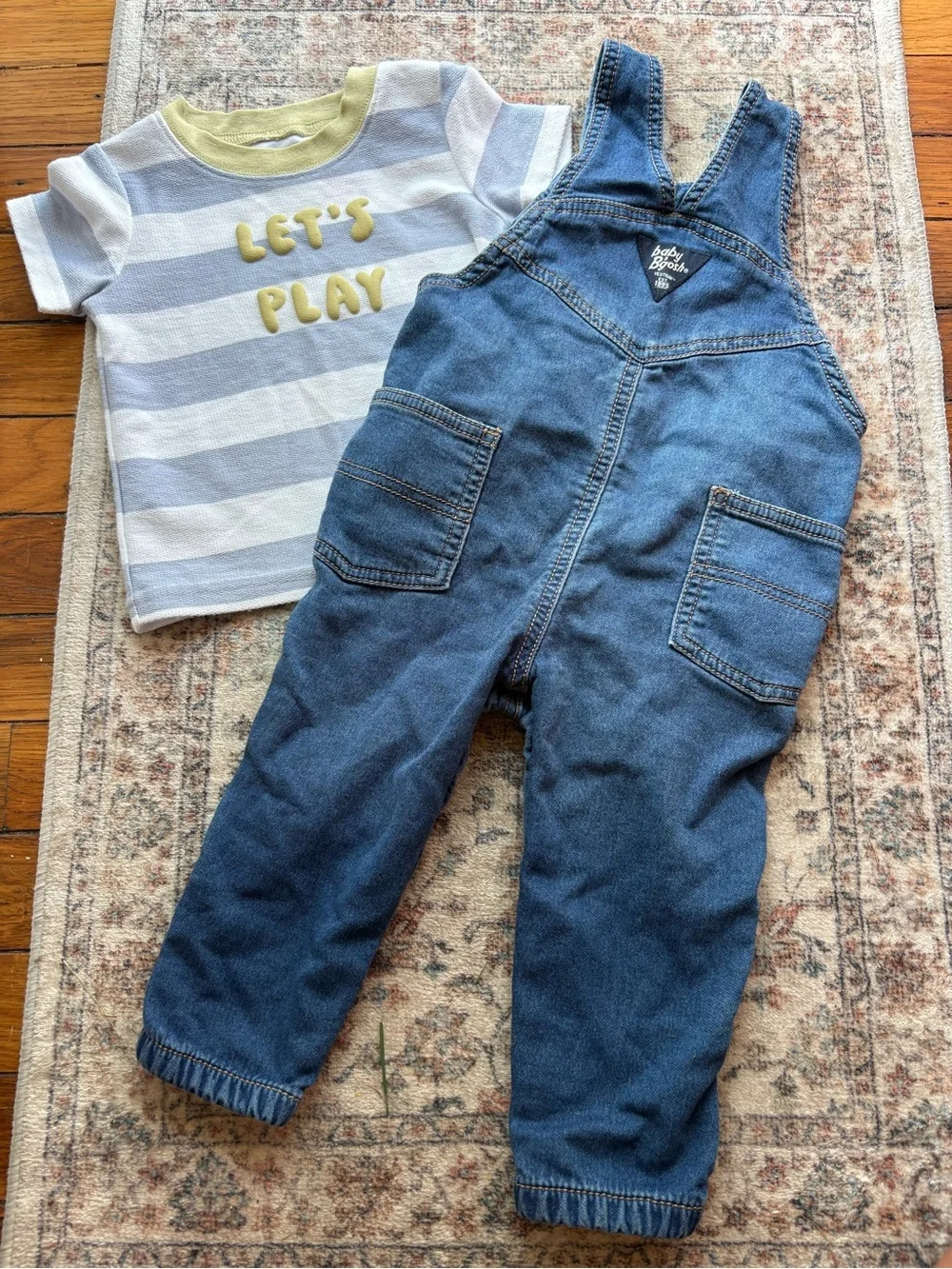 12M Kids Oshkoah Overalls & Striped Carter’s Tee Set with 4/5C Crocs